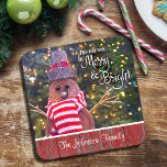 Days Be Merry Bright Rustic Snowman Custom Name Coaster<br><div class="desc">“May your days be merry & bright.” A close-up photo of a happy and cute, rustic log snowman, wrapped in a red and white striped scarf against lighted trees helps you usher in Christmas and New Year. Feel the warmth and joy of the holiday season whenever you relax with your...</div>