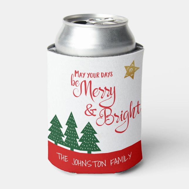 Days Be Merry Bright Script Bold Trees Gold Star Can Cooler (Can Front)