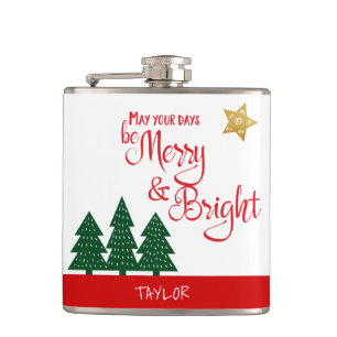Days Be Merry Bright Script Green Trees Gold Star Hip Flask