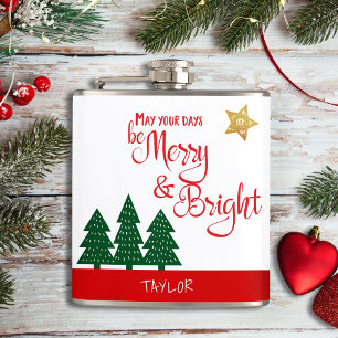 Days Be Merry Bright Script Green Trees Gold Star Hip Flask