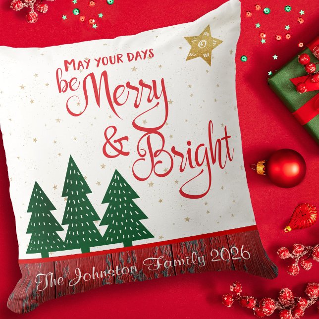 Days Be Merry Bright Tree Gold Star Monogram Name Cushion (Creator Uploaded)