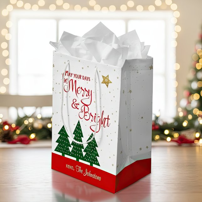 Days Be Merry Bright Trees Red Script Gold Stars  Medium Gift Bag (Creator Uploaded)