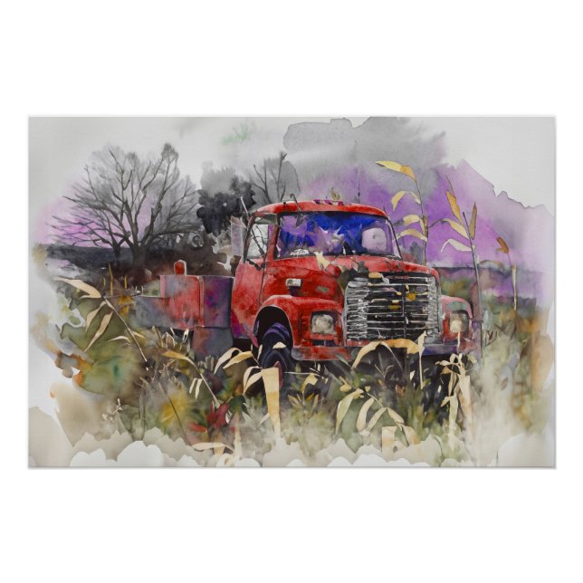 Days Gone By, Red Pickup in Autumn Poster (Front)