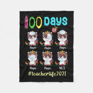 Days Of School Teacher Unicorn Wearing Mask Wrong Fleece Blanket