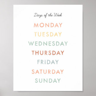 Days of the Week Montessori Classroom Art  Poster