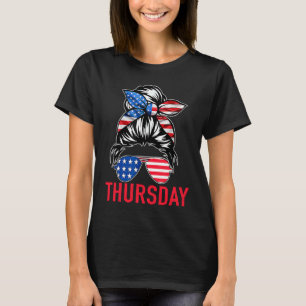 DAYS of the WEEK 'THURSDAY' Messy Bun America Flag T-Shirt