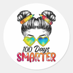 Days Smarter Girls Messy Bun Hair 100th Day Of Sch Classic Round Sticker