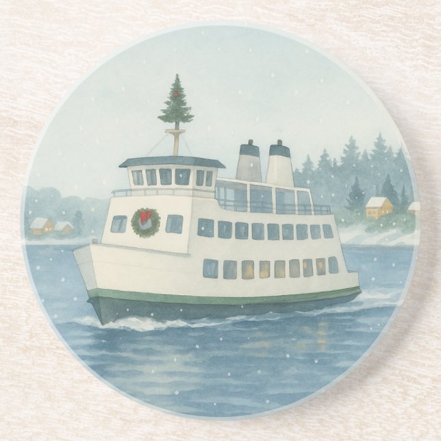 Daytime Ferry Christmas Card Coaster (Front)