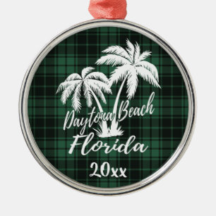 Daytona Beach Florida Palm Tree Green Plaid Metal Ornament