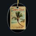 Daytona Beach Palm Tree Vintage Travel Ceramic Ornament<br><div class="desc">A uniquely retro mid-century modern Daytona Beach Florida art print in vintage travel poster style. It features a curved palm tree on sandy beach with ocean under a blue cloudy sky.</div>