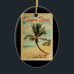 Daytona Beach Palm Tree Vintage Travel Ceramic Ornament<br><div class="desc">A uniquely retro mid-century modern Daytona Beach Florida art print in vintage travel poster style. It features a curved palm tree on sandy beach with ocean under a blue cloudy sky.</div>