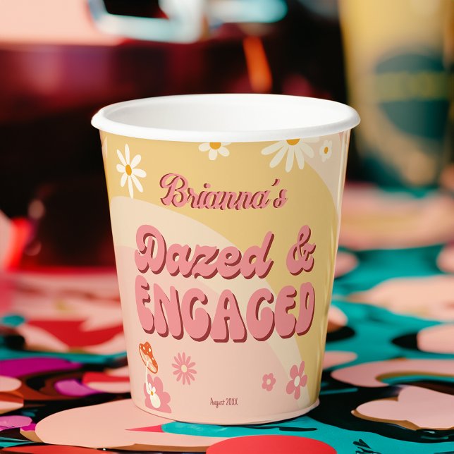 Dazed and engaged groovy retro daisy bachelorette paper cups (Dazed and engaged groovy retro daisy bachelorette party personalized printed paper cups party decor)