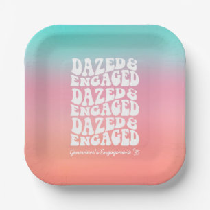 Dazed and Engaged Pink Aqua Retro Text Paper Plate