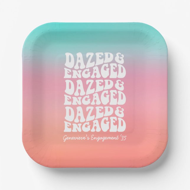 Dazed and Engaged Pink Aqua Retro Text Paper Plate (Front)
