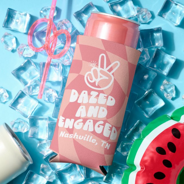 Dazed And Engaged Retro Chequerboard Bachelorette  Seltzer Can Cooler (In Situ Summer)