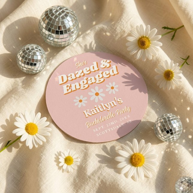 Dazed & Engaged Groovy 70s Bachelorette Party Round Paper Coaster (Creator Uploaded)
