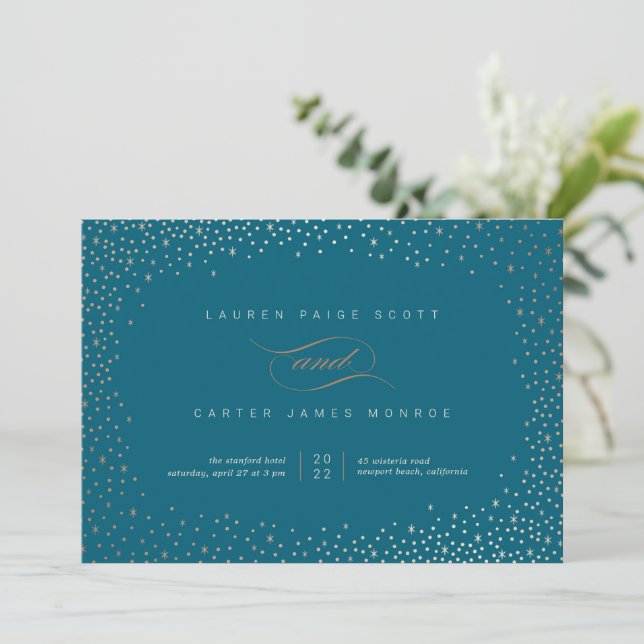 Dazzled - Teal and Rust Stars Wedding Invitation (Standing Front)