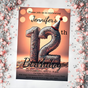 Dazzling 12th Birthday with Sequin Party Hat Invitation