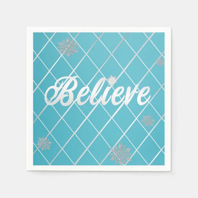 Dazzling Believe Light Blue and Silver Chequered  Napkin (Front)