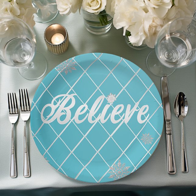 Dazzling Believe Light Blue and Silver Chequered  Paper Plate (Creator Uploaded)