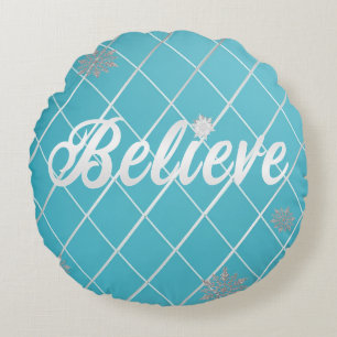 Dazzling Believe Light Blue and Silver Chequered  Round Cushion