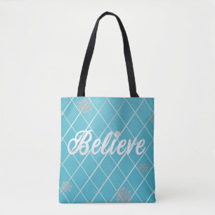 Dazzling Believe Light Blue and Silver Chequered Tote Bag