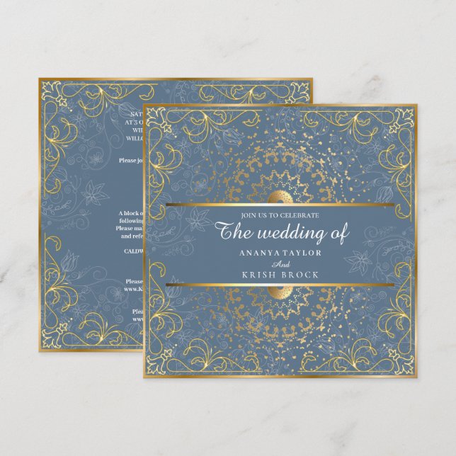 Dazzling Blue and Gold Wedding  Invitation (Front/Back)