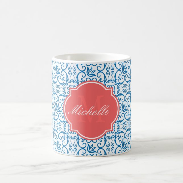 Dazzling Blue Damask Monogram Mug (Center)