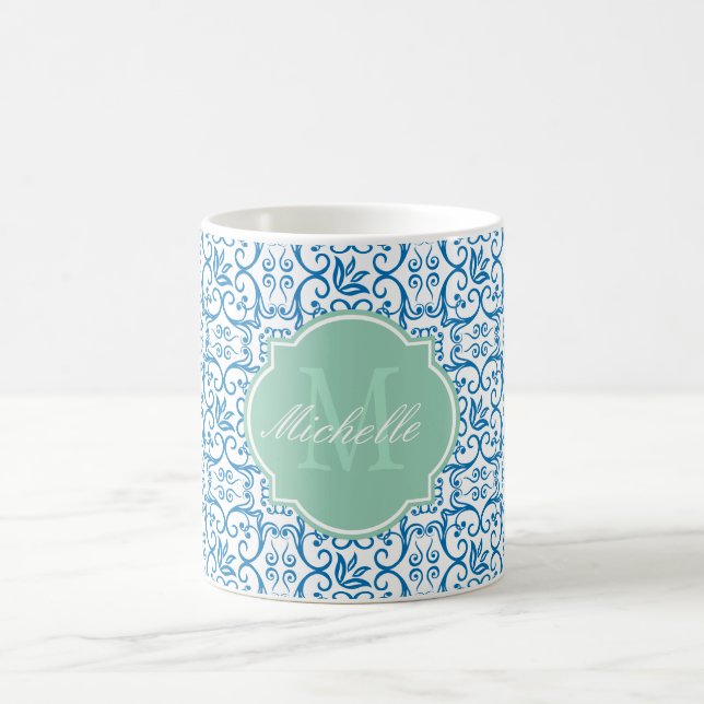 Dazzling Blue Damask Monogram Mug (Center)
