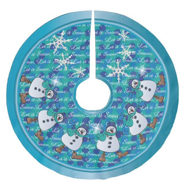 Dazzling Blue Snowmen Friends Brushed Polyester Tree Skirt (Front)