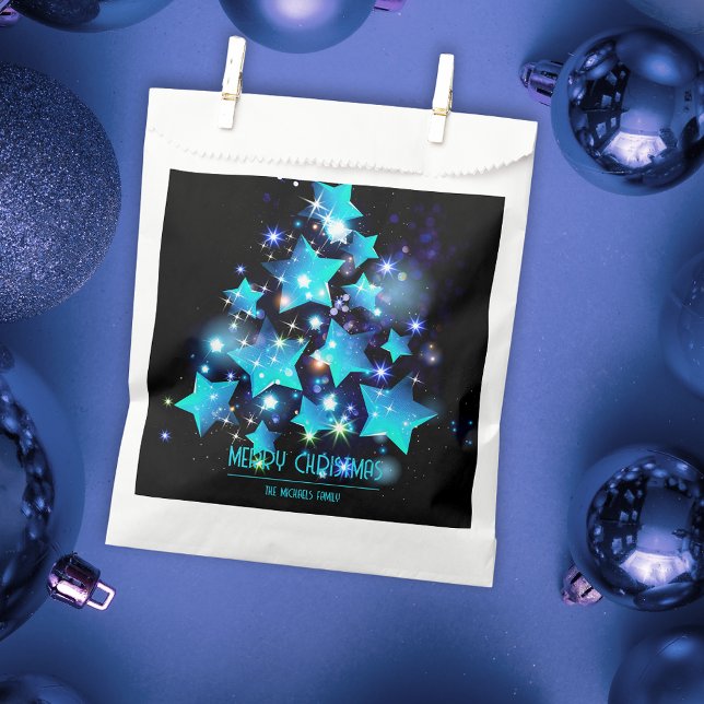 Dazzling Blue Stars on Black Christmas Tree Favour Bag (Creator Uploaded)