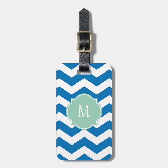 Dazzling Blue & White Chevron Monogram Luggage Tag (Front Vertical)