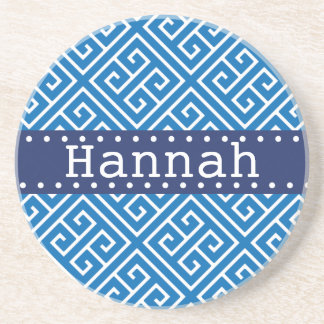 Dazzling Blue White Greek Key Pattern Blue Name Coaster