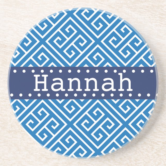 Dazzling Blue White Greek Key Pattern Blue Name Coaster (Front)