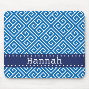Dazzling Blue White Greek Key Pattern Blue Name Mouse Pad
