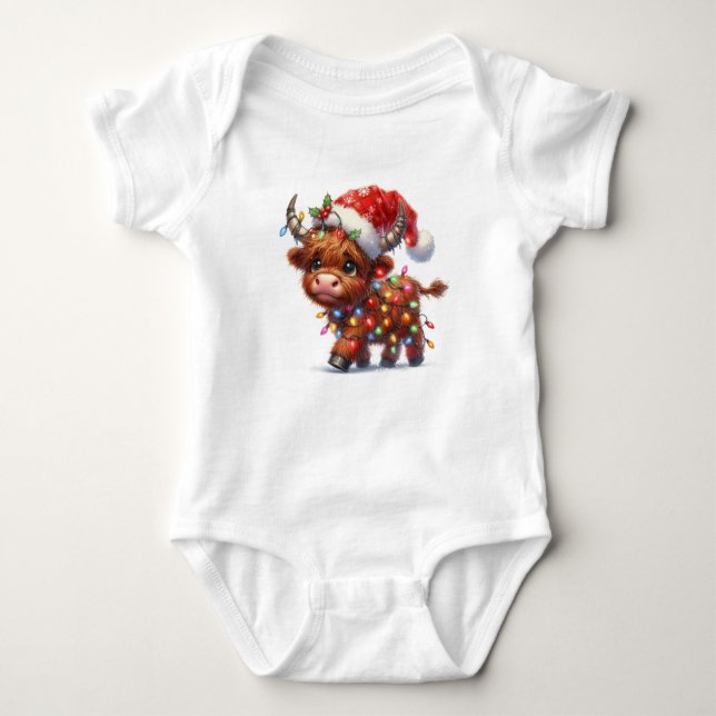 Dazzling Christmas Highland Cow Baby Bodysuit (Front)
