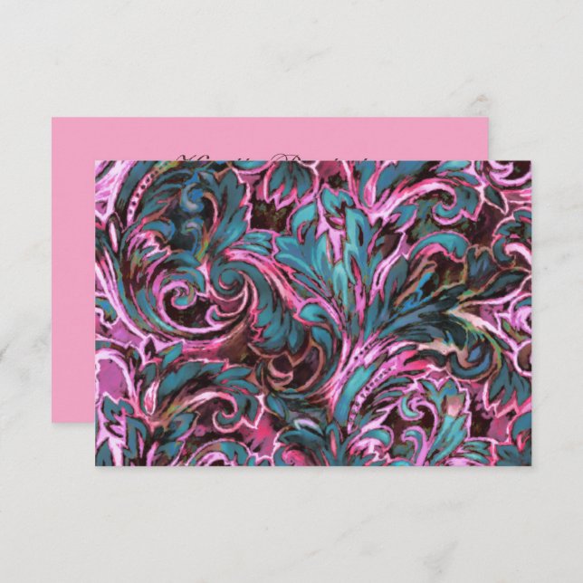 Dazzling Damask Pink Teal Brown Reply Card (Front/Back)
