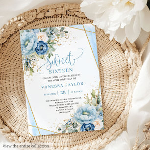 Dazzling Dusty Blue White Floral Sweet 16 Invites