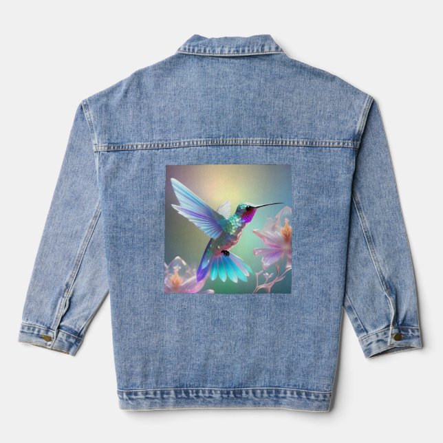 Dazzling Fusion: Rainbow Glass Hummingbird,  Denim Jacket (Back)