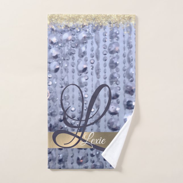 Dazzling Glittery Blue Beads Monogram     Bath Towel Set (Hand Towel)