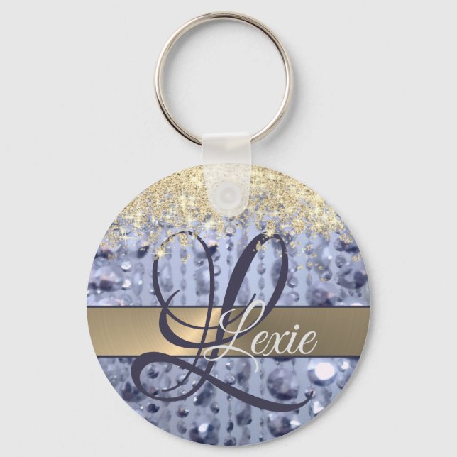 Dazzling Glittery Blue Beads Monogram              Key Ring (Front)