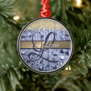 Dazzling Glittery Blue Beads Monogram Metal Ornament