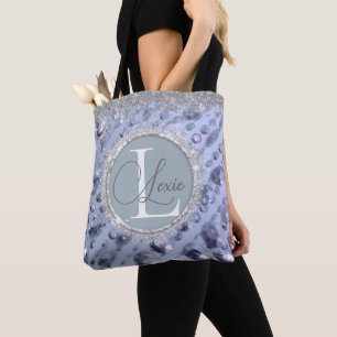 Dazzling Glittery Blue Beads Monogram Tote Bag
