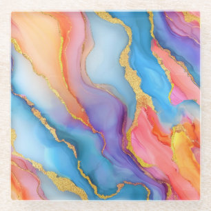 Dazzling Marble in Blues, Pinks, and Oranges Glass Coaster