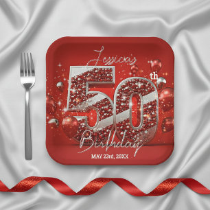 Dazzling Red and Silver Glittery 50th Birthday Paper Plate