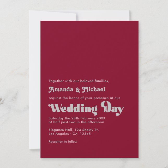 Dazzling Silver and Burgundy Typography Wedding Invitation (Front)