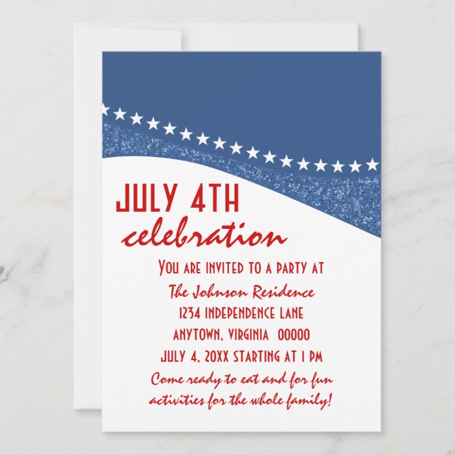 Dazzling Star Curves July 4th Party Invite, Blue Invitation (Front)