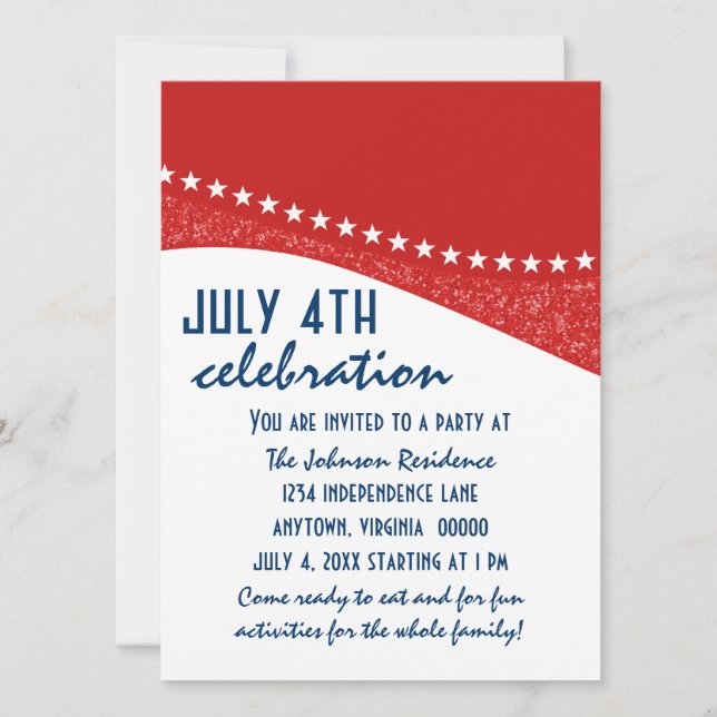 Dazzling Star Curves July 4th Party Invite, Red Invitation (Front)