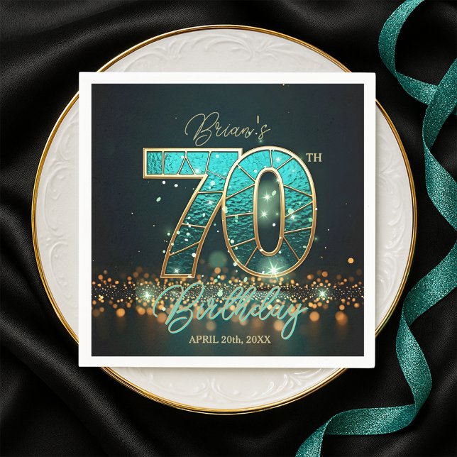 Dazzling Teal Mosaic Gold Jewelled 70th Birthday  Napkin (Creator Uploaded)