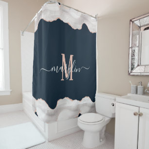 DC WHITE & ROSE GOLD BLACK FOGRA AGATE MONOGRAM SHOWER CURTAIN